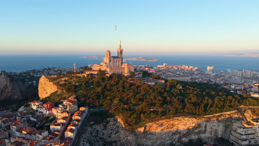 City Sunrise Scene, Morning Glow Over Marseille Port, Sunrise Bathes Lively Marseille Harbor In Light. France