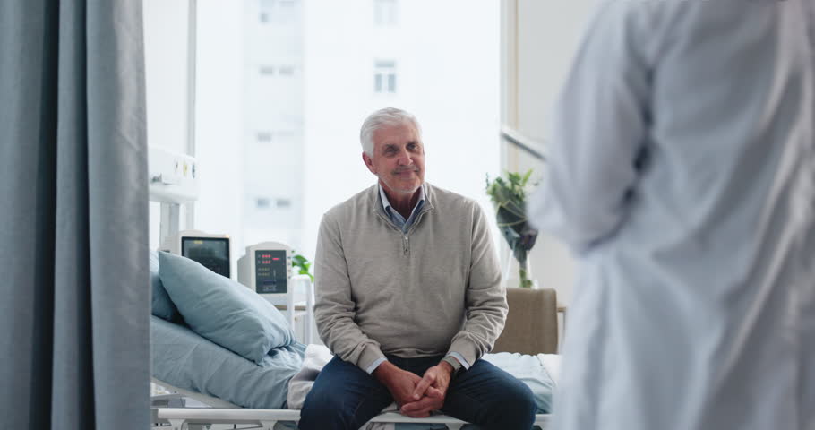 Senior man, patient or doctor with handshake on hospital bed for healthcare exam or test results. Elderly, male person or medical worker shaking hands with tablet for diagnosis or checkup in clinic