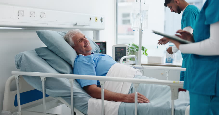Nurse, old man or talk in hospital bed with tablet for medical assessment, report or compassion. Healthcare worker, elderly person or conversation in clinic with tech, recovery update or check vitals