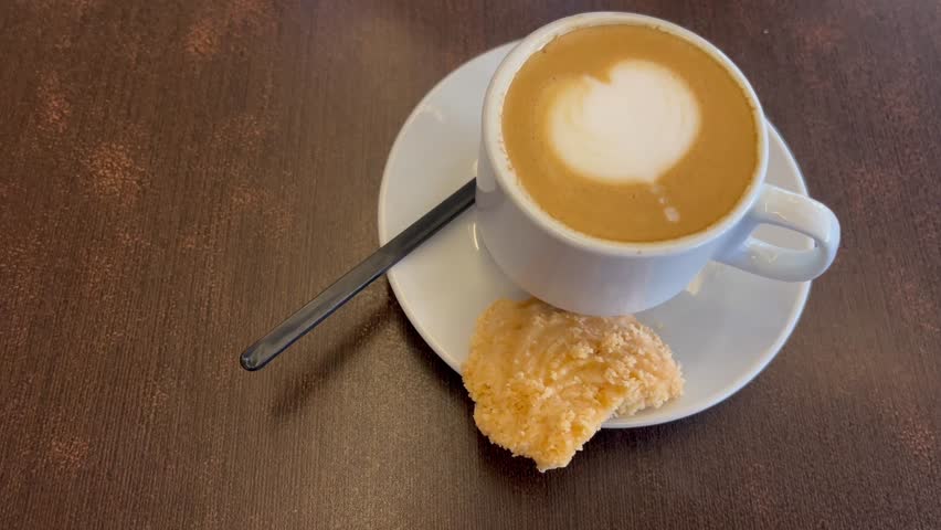 Top view of a cup of cappuccino with heart latte art served with a cookie on a wooden table