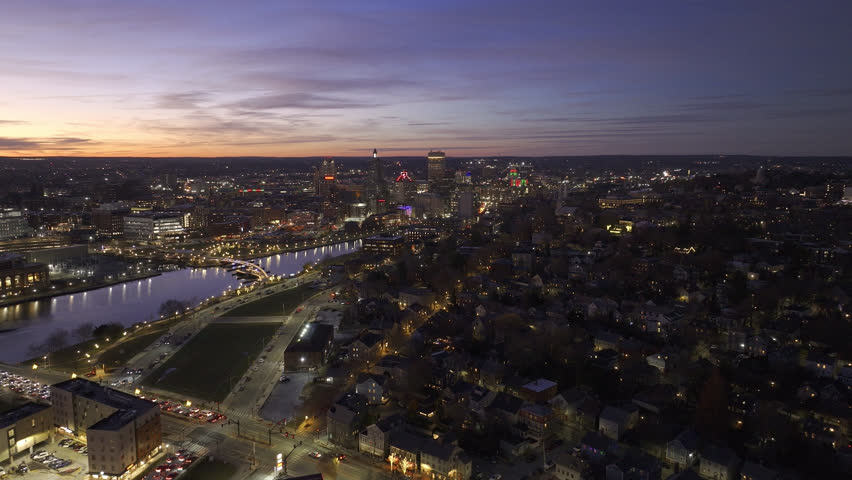 Aerial view of Downtown Providence at sunset.