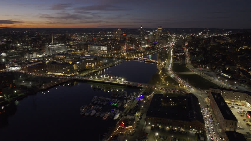 Aerial view of Downtown Providence at sunset.
