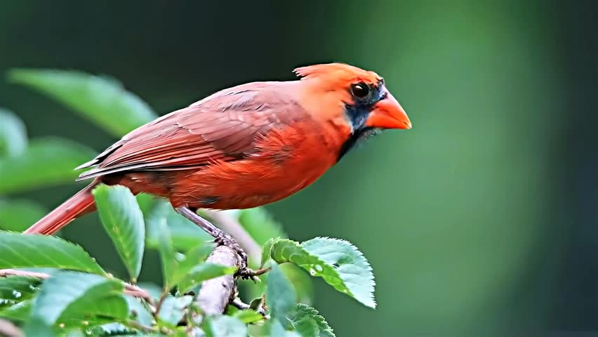 A vibrant red cardinal bird perched on a leafy branch.