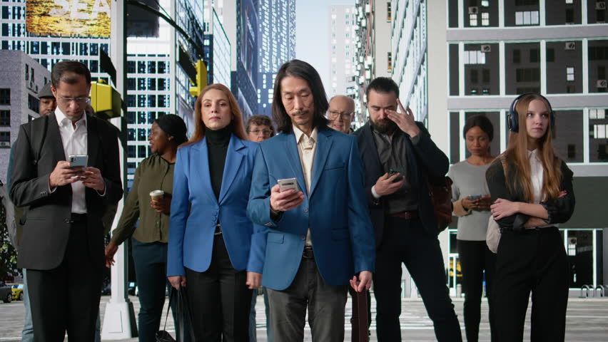 Diverse pedestrians crowd crossing street during morning commute showing a mix of adults, business people and active urban population navigating the routine of city life. Camera A.