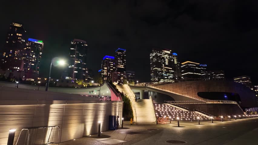 Gimbal wide panning shot of the Seattle Aquarium at the revitalized waterfront during night in Washington. 4K