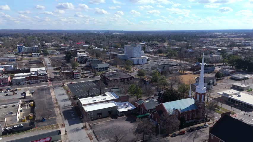 Aerial view of Augusta Georgia with church and city streets