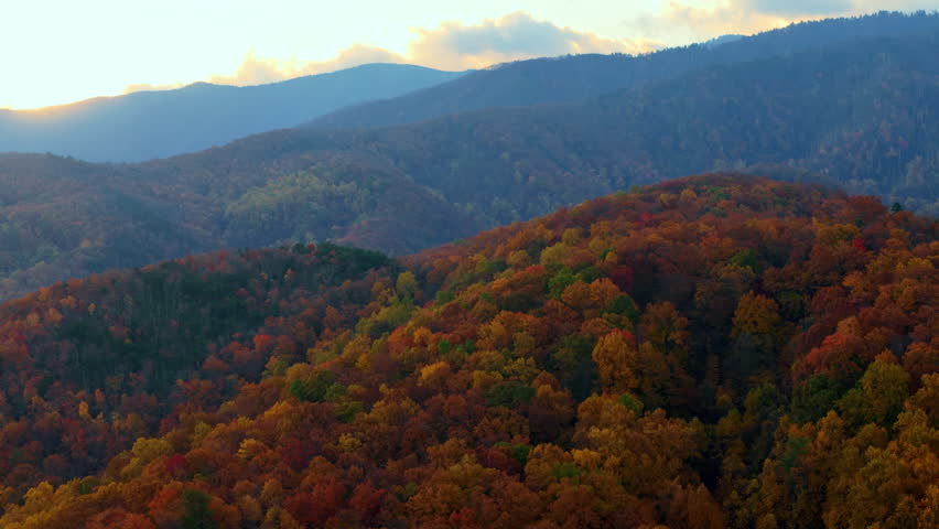 Wide Aerial Peaceful shot of the Great Smoky Mountains bright colors in autumn. Layers of distant blue mountains blend with the sky