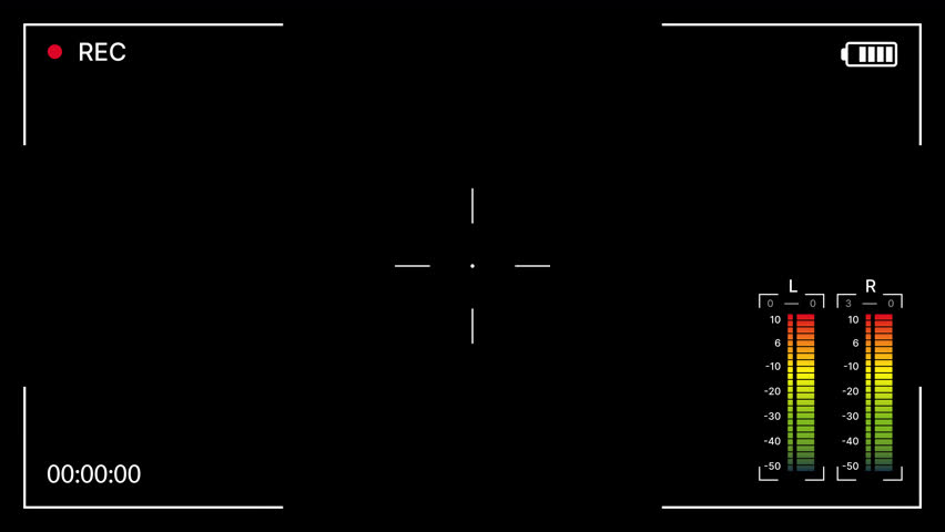 Camcorder recording screen overlay with record, timecode and audio level meter. Videography device focus screen, Camera viewfinder HUD, Filming screen display. Alpha channel. 4K Video