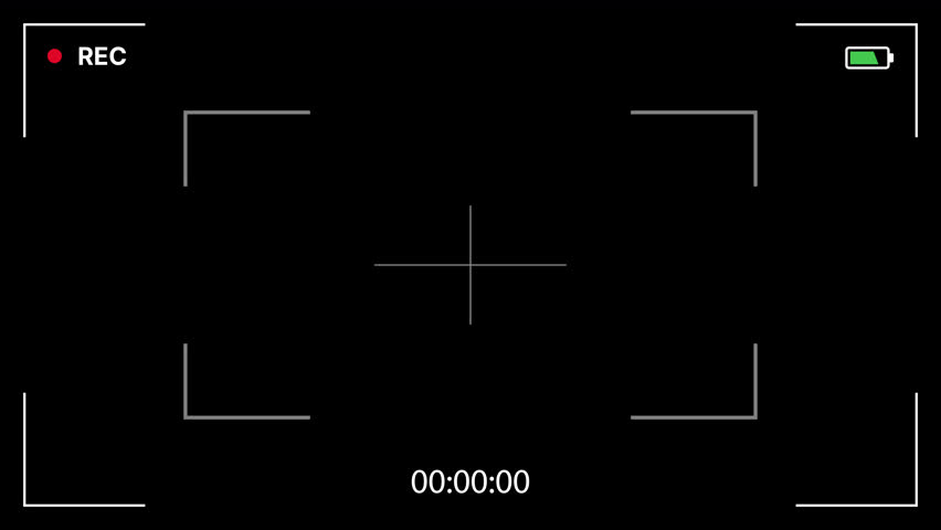 Minimalist recording screen overlay with focus frame, center crosshair, recording indicator, timer, battery status. Camera viewfinder overlay, filming screen overlay. Alpha channel. 4K Video