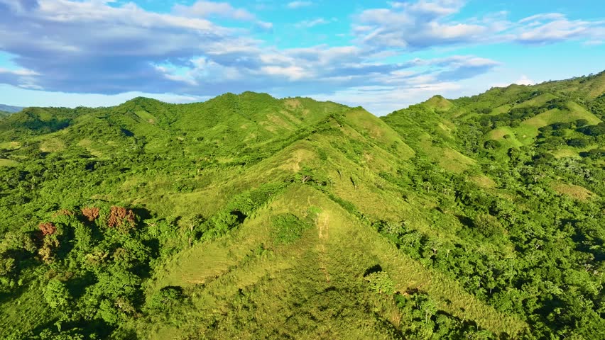 Aerial view of green hills and mountains. Warm sunlight and natural silhouettes. Rolling mountain landscapes under a blue sky with clouds. Landscape with trees on grassy hills.