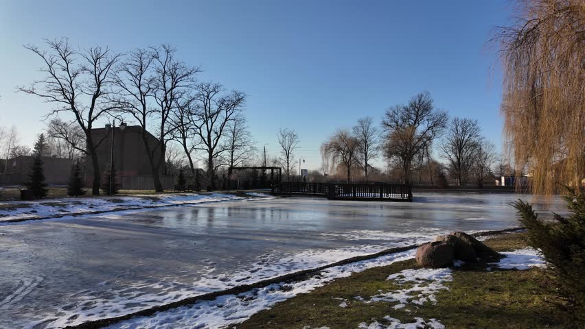 A frosty day in the city park in Zdunska Wola, Poland.