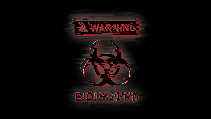Biohazard symbol warning sign glitch animation flashing over alpha channel transparent background, 4K resolution.