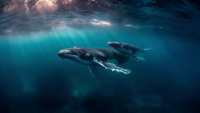 A large humpback whale and calf swimming together underwater BEAUTIFUL slow mo video