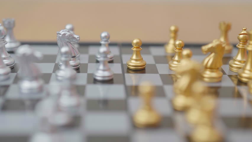 hand moving gold Chess Pawn figure during chessboard competition. Strategy, Success, management, business planning, win, disruption, Trade war and leadership concept