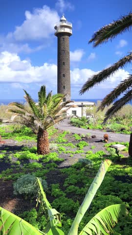Lighthouse with palm trees on La Palma island, Canary Islands	