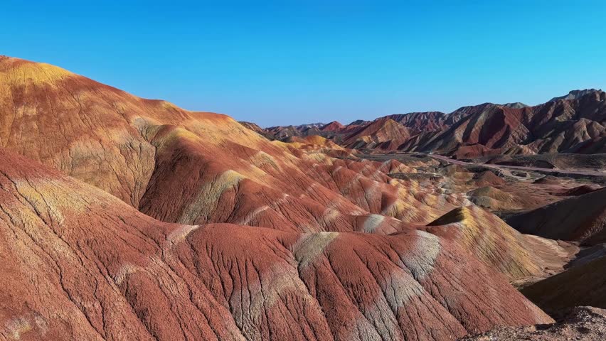 Colorful Rainbow Mountains And Blue Sky, Zhangye, China - Panning Shot