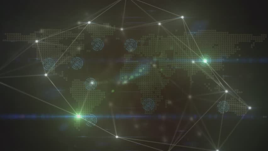 Animation of light beams with connecting dots against world map, hud on digital interface. Digital composite, cloud computing, technology, networking, connect the dots, global communication