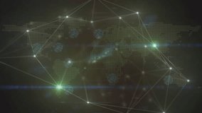 Animation of light beams with connecting dots against world map, hud on digital interface. Digital composite, cloud computing, technology, networking, connect the dots, global communication - Powered by Shutterstock - Get 15% off with code: PIKWIZARD15