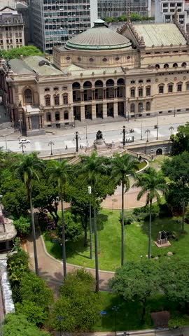 Sao Paulo Municipal Theatre at cityscape Sao Paulo Brazil. Stunning landscape of historic centre of city. Medieval buildings and viaducts of historic center of Sao Paulo. Travel destinations.