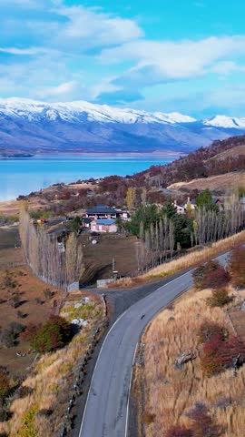 Patagonia landscape. Scenic lake and nevada mountains at town of El Calafate at Patagonia Argentina. Travel destinations. Andean lakes Patagonia landscape. Travel destinations El Calafate Argentina.