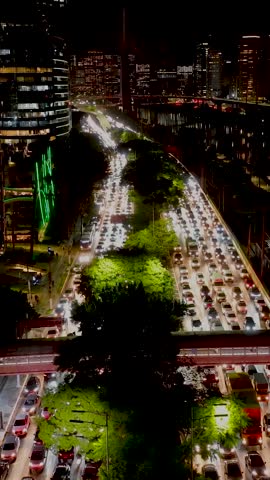 Sao Paulo Skyline At Downtown Sao Paulo Brazil. Night Time Lapse. Traffic Road Twilight. Bridge Landscape. Sao Paulo Skyline in Paulo Brazil. Traffic Timelapse. City Timelapse