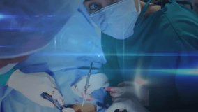 Animation of network of connections over caucasian surgeons in operating theatre. global medicine, healthcare services during covid 19 pandemic concept digitally generated video. - Powered by Shutterstock - Get 15% off with code: PIKWIZARD15
