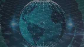 Digital animation of globe icon spinning over heart rate monitor on multiple message icons against data processing. Global digital interface technology and networking concept digitally generated - Powered by Shutterstock - Get 15% off with code: PIKWIZARD15