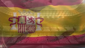 Animation of integrated circuit over flag of spain over stadium. Spanish finance, economy and sport concept digitally generated video. - Powered by Shutterstock - Get 15% off with code: PIKWIZARD15