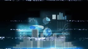 Animation of clock running over building models, graphs, charts on glitch digital interface. Digital composite, technology, time management, accuracy, development, finance, business - Powered by Shutterstock - Get 15% off with code: PIKWIZARD15