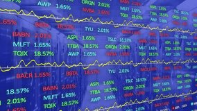 Animation of financial data processing over empty office. Global business digital interface technology and networking concept digitally generated video. - Powered by Shutterstock - Get 15% off with code: PIKWIZARD15