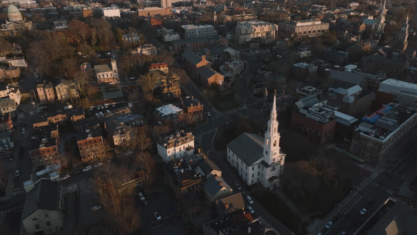 Aerial view of a church in Providence, Rhode Island. Shot on an autumn morning