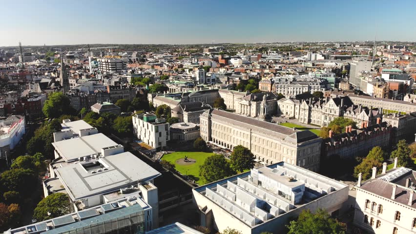 Trinity College Library, Books of Kells tourist attraction in Dublin city, Ireland Aerial