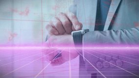 Animation of data processing and social media icons over mid section of businessman using smartwatch. Social media networking and business technology concept - Powered by Shutterstock - Get 15% off with code: PIKWIZARD15