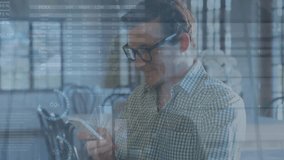 Animation of financial data processing over caucasian businessman using smartphone. Global business, finance, computing and data processing concept digitally generated video. - Powered by Shutterstock - Get 15% off with code: PIKWIZARD15