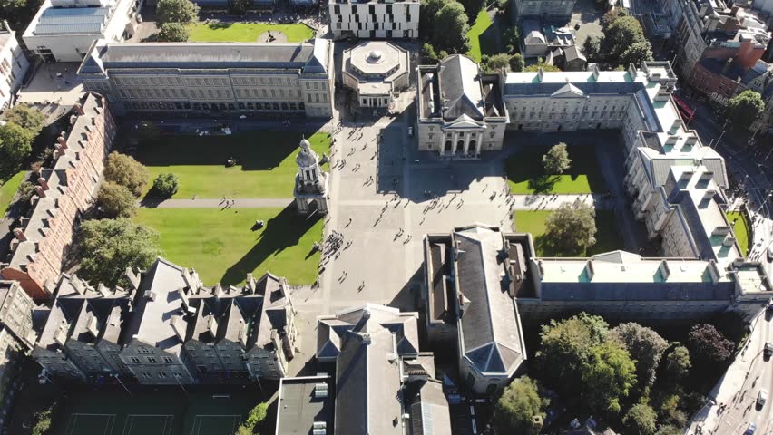 Parliament Square in Trinity College Dublin, Aerial look down perspective. Ireland heritage
