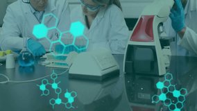 Animation of molecule structures and computer language, diverse scientists working in laboratory. Digital composite, multiple exposure, coding, anatomy, teamwork and technology concept. - Powered by Shutterstock - Get 15% off with code: PIKWIZARD15