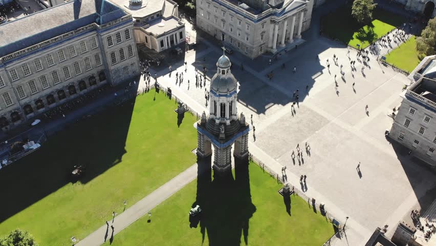 Study in Ireland. Trinity College in Dublin aerial close up to monument on square, cultural heritage.
