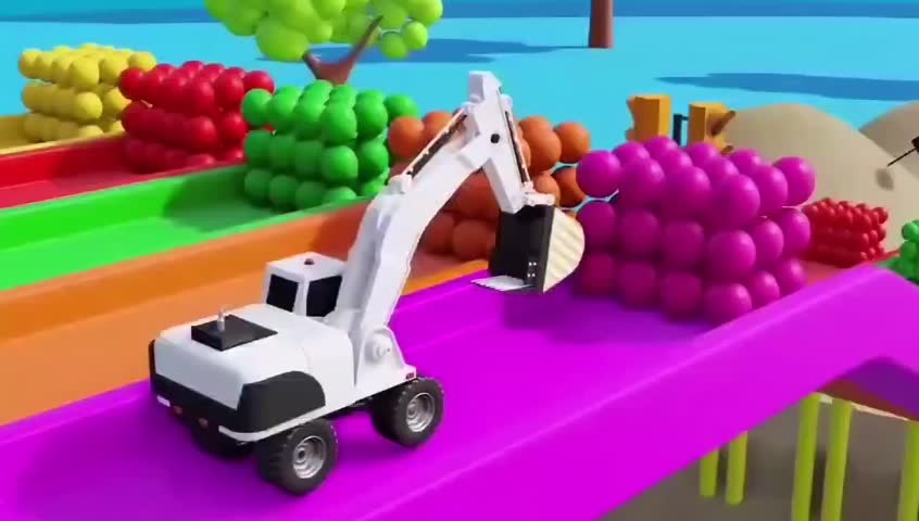 3D Cartoon Construction Vehicle Unloading Purple Spheres on Pink Platform