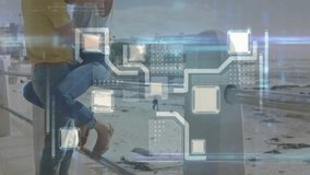 Woman and man embracing on metal railing, interacting with glowing tech interface squares and lines. Romantic, futuristic, digital, urban, coastal, connection, lifestyle - Powered by Shutterstock - Get 15% off with code: PIKWIZARD15