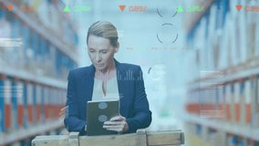 Animation of data processing over caucasian businesswoman using tablet in warehouse. Global shipping, computing and digital interface concept digitally generated video. - Powered by Shutterstock - Get 15% off with code: PIKWIZARD15