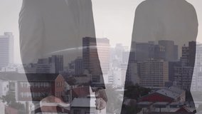 Animation of diverse business people over cityscape. Global business, finances and digital interface concept digitally generated video. - Powered by Shutterstock - Get 15% off with code: PIKWIZARD15