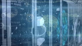 Animation of data processing and network of connections over server room. Global technology, computing and digital interface concept digitally generated video. - Powered by Shutterstock - Get 15% off with code: PIKWIZARD15