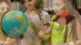 Animation of leaves over diverse schoolchildren looking at globe. Global education, learning and nature concept digitally generated video - Powered by Shutterstock - Get 15% off with code: PIKWIZARD15