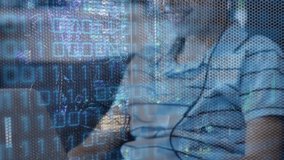 Animation of looping binary codes over smiling caucasian boy using laptop and wearing headphones. Digital composite, multiple exposure, coding, childhood, e-learning and technology concept. - Powered by Shutterstock - Get 15% off with code: PIKWIZARD15