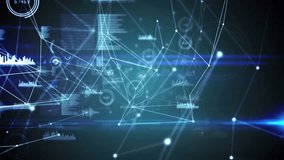 Animation of connected dots and graphs with lens flares against abstract background. Digitally generated, hologram, illuminated, report, business, communication and technology concept. - Powered by Shutterstock - Get 15% off with code: PIKWIZARD15