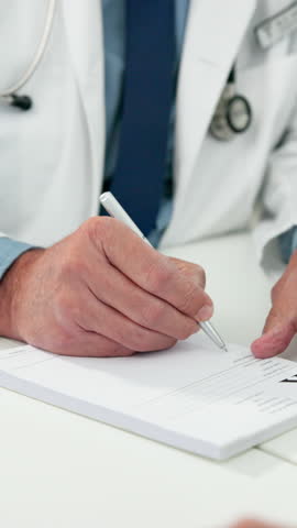 Hands, healthcare and prescription with doctor writing at desk in hospital for consulting. Appointment, medical and notepad with professional person in clinic for patient cure, diagnosis or feedback