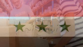 Animation of flag of iraq over diverse male volunteers and woman making donation in warehouse. Iraqi, teamwork, business, charity, economy and distribution, digitally generated video. - Powered by Shutterstock - Get 15% off with code: PIKWIZARD15