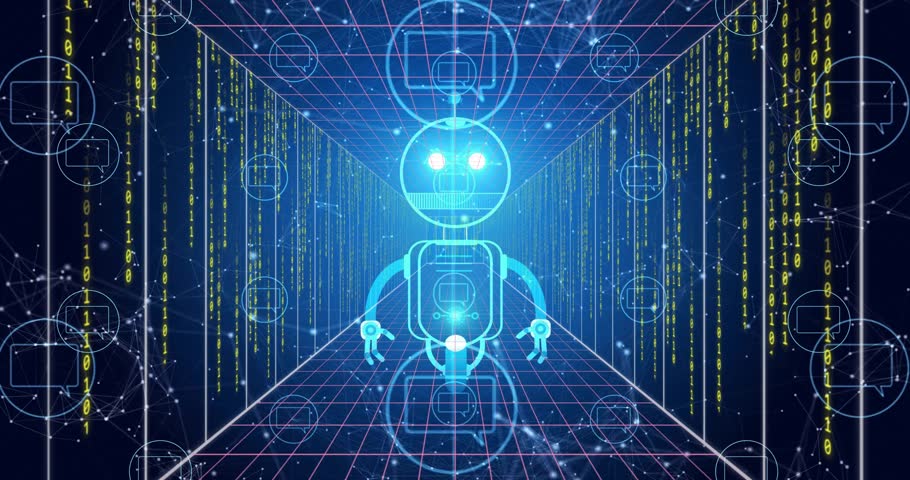 Robot and cloud computing animation over digital data processing background. Artificial intelligence, automation, technology, cybersecurity, data analysis, innovation