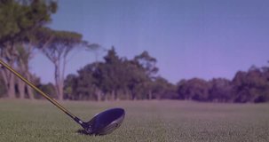 Golf driver club head being visualized over green fairway view, with bar charts and line graphs. Sports, technology, analytics, precision, performance, outdoor, professional - Powered by Shutterstock - Get 15% off with code: PIKWIZARD15