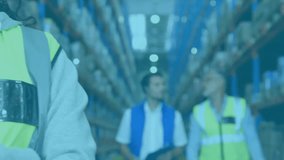 Animation of statistics and financial data processing over man working in warehouse. Global sports fitness and data processing concept digitally generated video. - Powered by Shutterstock - Get 15% off with code: PIKWIZARD15